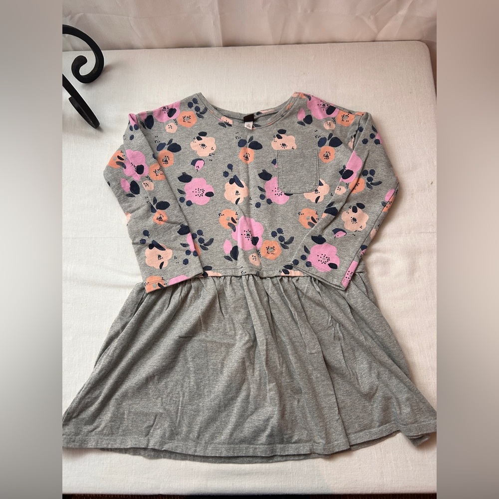 Tea Collection Floral Gray and Pink Long Sleeve Dress Size 12